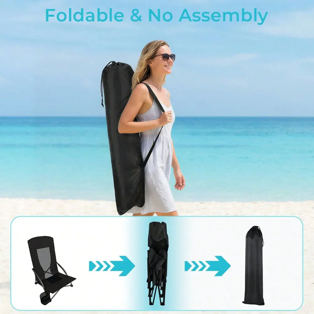 

28.5 High Back Folding Beach Chair For Adults W Carry Bag, Portable Low Beach Chair W Mesh Back Padded Armrest, Cup Holder, Lig