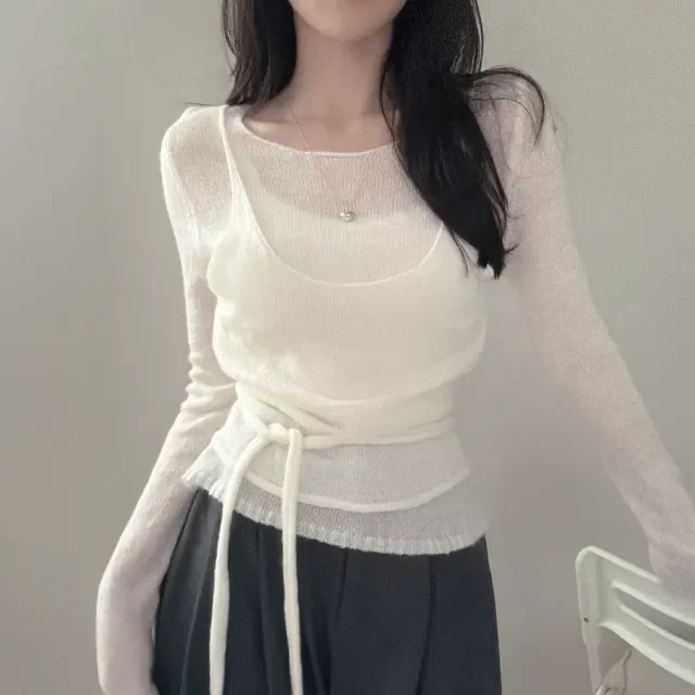 Sweet Style 2026 Spring New Korean Chic Thin Knitted Top Women's Fashionable Versatile Belted Fake Two-Piece Long Sleeve roun...