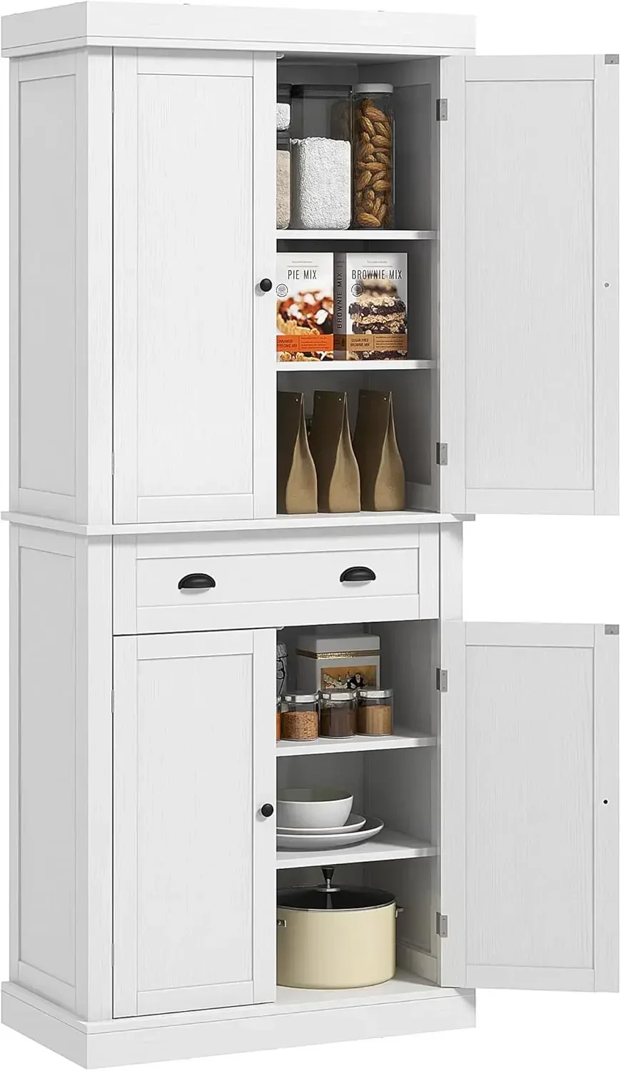 Pantry Cabinet, Traditional Freestanding Storage Cabinet with 4 Doors, Drawer and 3 Adjustable Shelves for Dining Room, White Wo