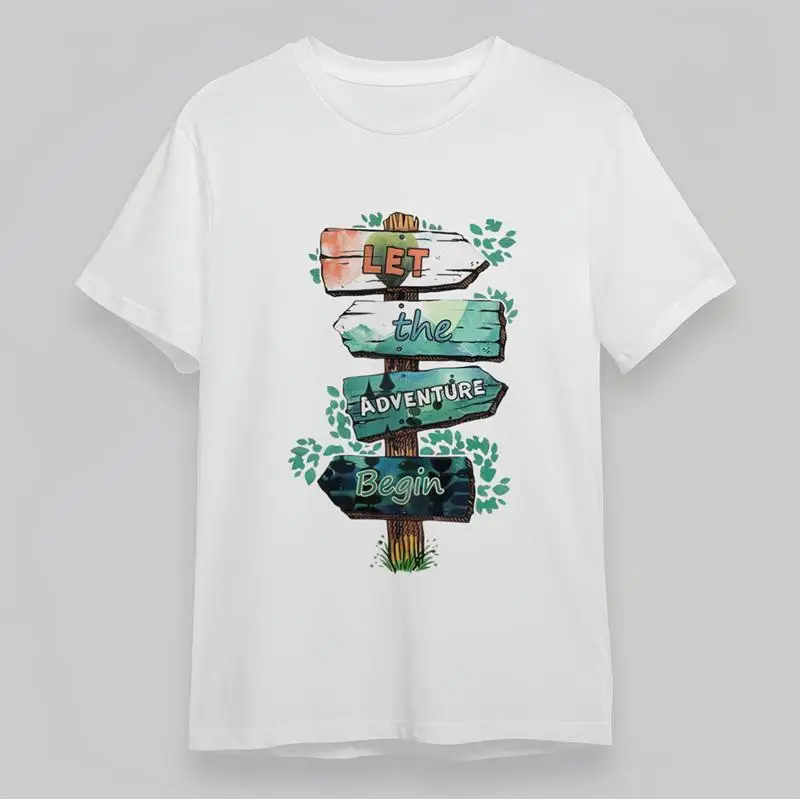 

Men'S Soft Classic T Shirt Adventure Begin Signboard White Cotton Short