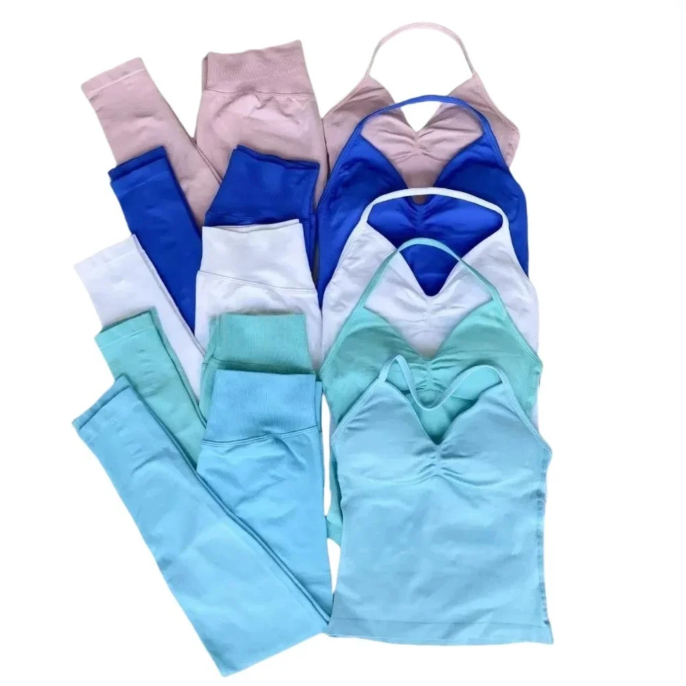 

2 Pieces Yoga Set Women Longline Strappy Top&Leggings Resistance Fitness Padded Halter Vest Scrunch Butt Pants Seamless Set