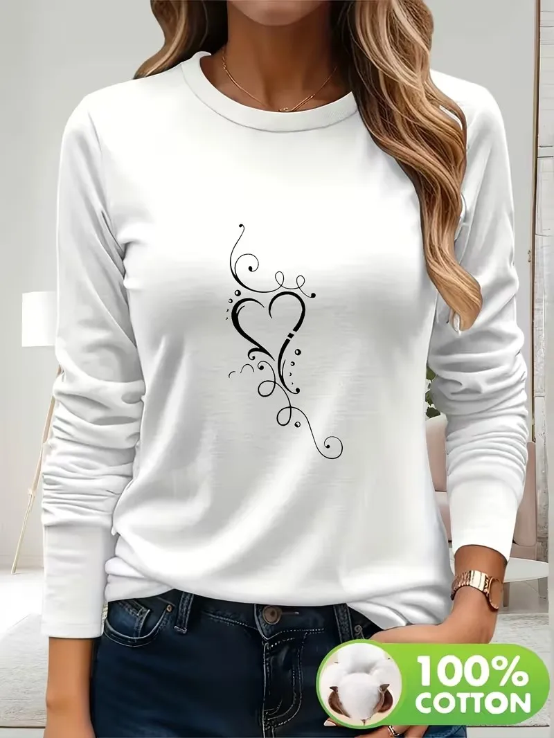 Aesthetic Art Line 100% Cotton Long Sleeve T-Shirt Gothic Graphic Casual Round Neck Women'S Top Tee for Fall Winter Clothing