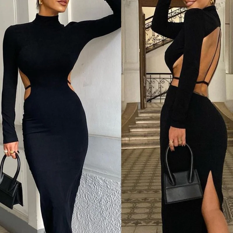 Seksowna, wycięta sukienka bodycon damska na wieczór, długa, z rękawami, jesienna, modna dla młodych kobiet.