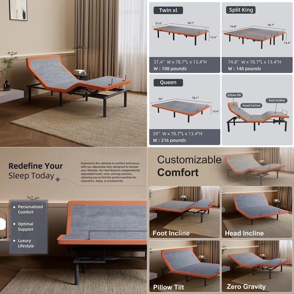 

Adjustable Bed Frame Twin XL Bed Base with Massage, Pillowtilt, Ergonomic Incline, Zero Gravity, Dual USB Port, Under Bed Light