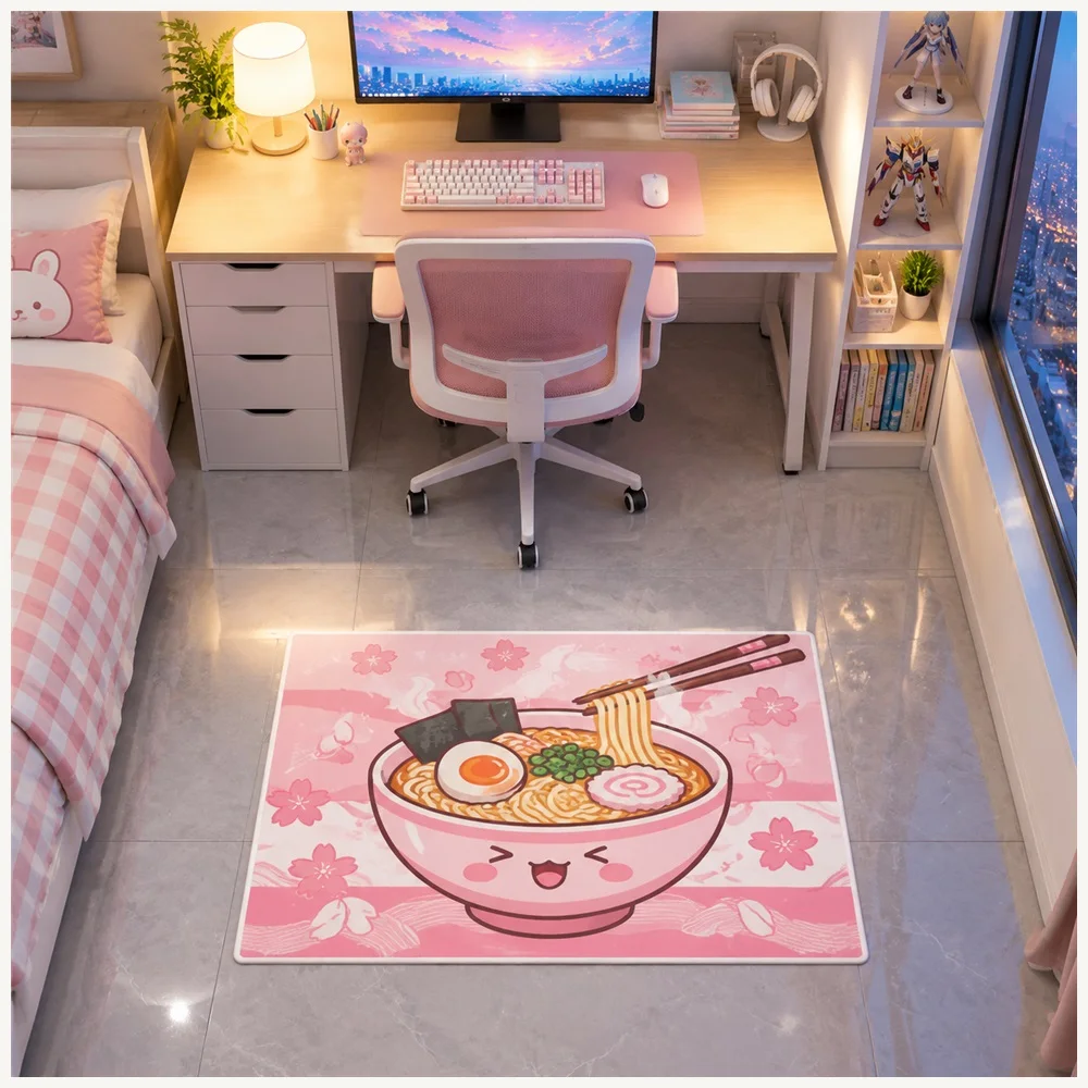 VIKAMA Anime Ramen Door Mat, Non Slip Foldable Flannel Rug, Cute Anime Floor Mat for Playroom, Balcony, Entryway