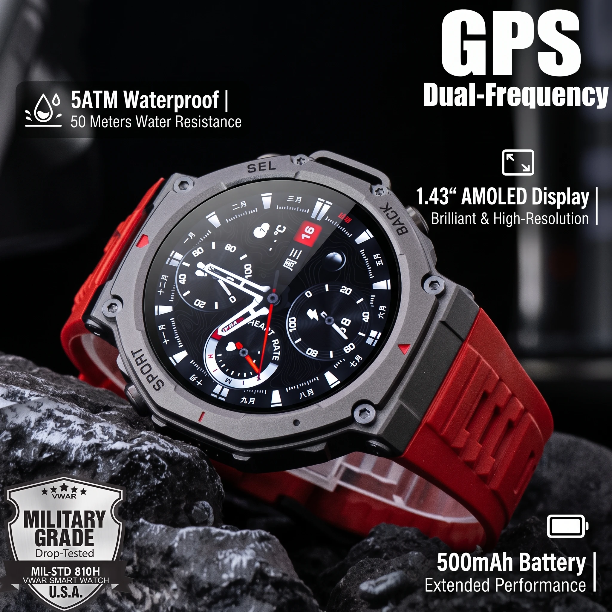 T-Rex 3 Ultra Rugged GPS Sport Smart Watch 5ATM Waterproof AMOLED Dual-band GNSS Military Tactical Smartwatch 2026 New for Men