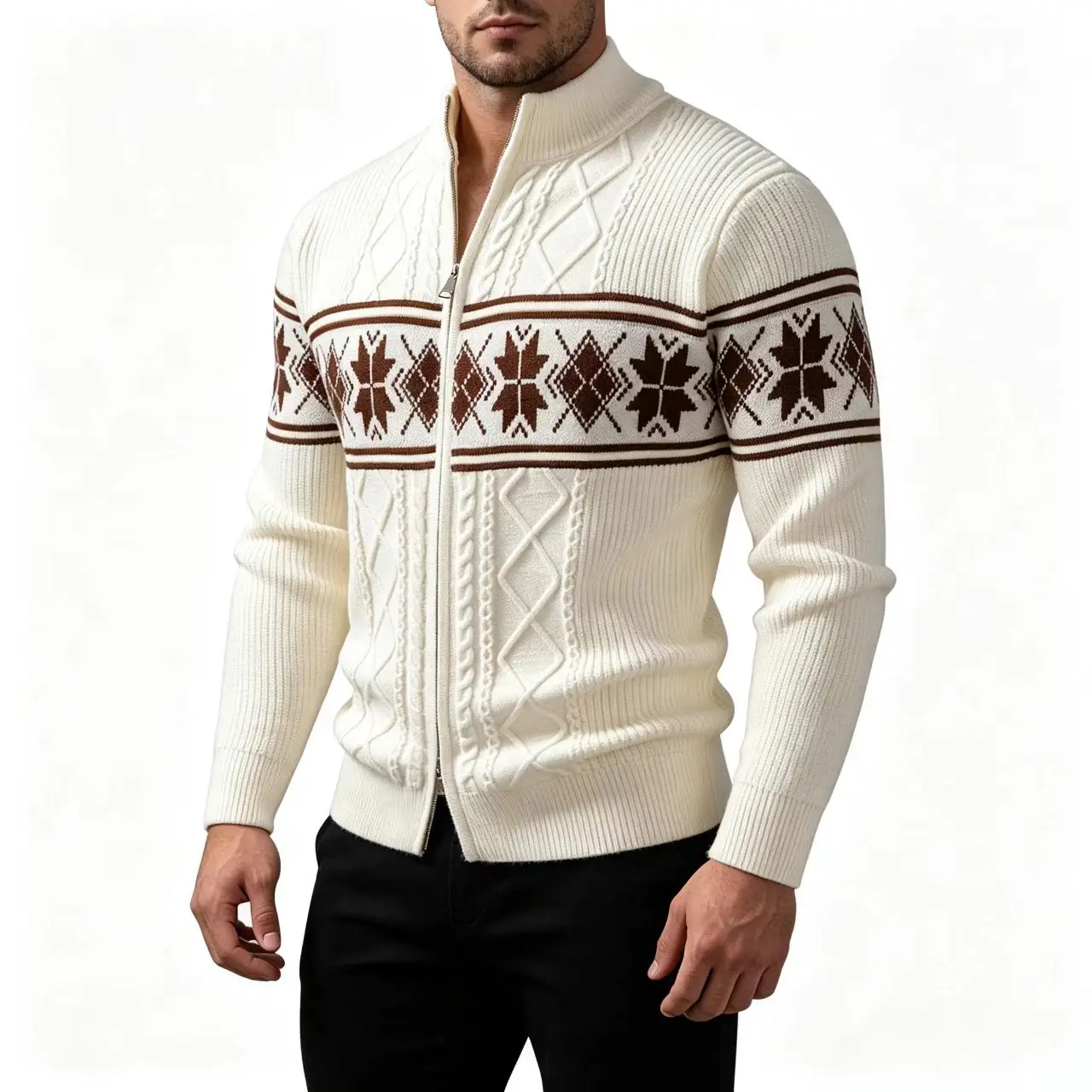 Autumn Men's Geometric Pattern Stand Collar Long Sleeve Cardigan Fashion Patchwork Knit Casual Business Outerwear Knitwear Top