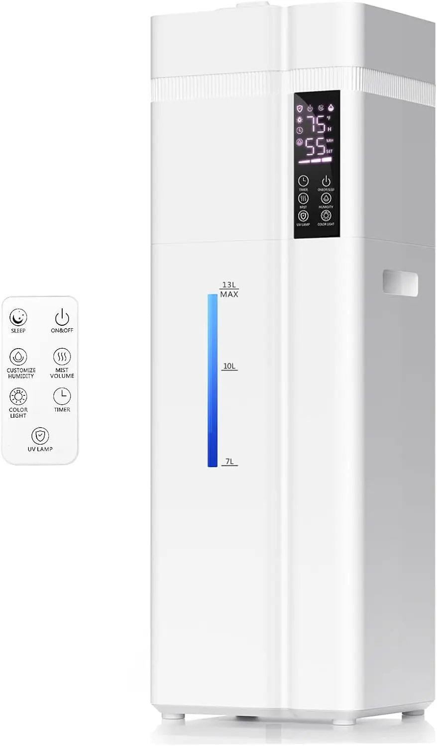 

Увлажнитель воздуха для больших помещений объемом 13 л, охватывающий площадь 800 кв. футов, время работы 100 часов, автоматическое контрольирование влажности, тихий режим для сна