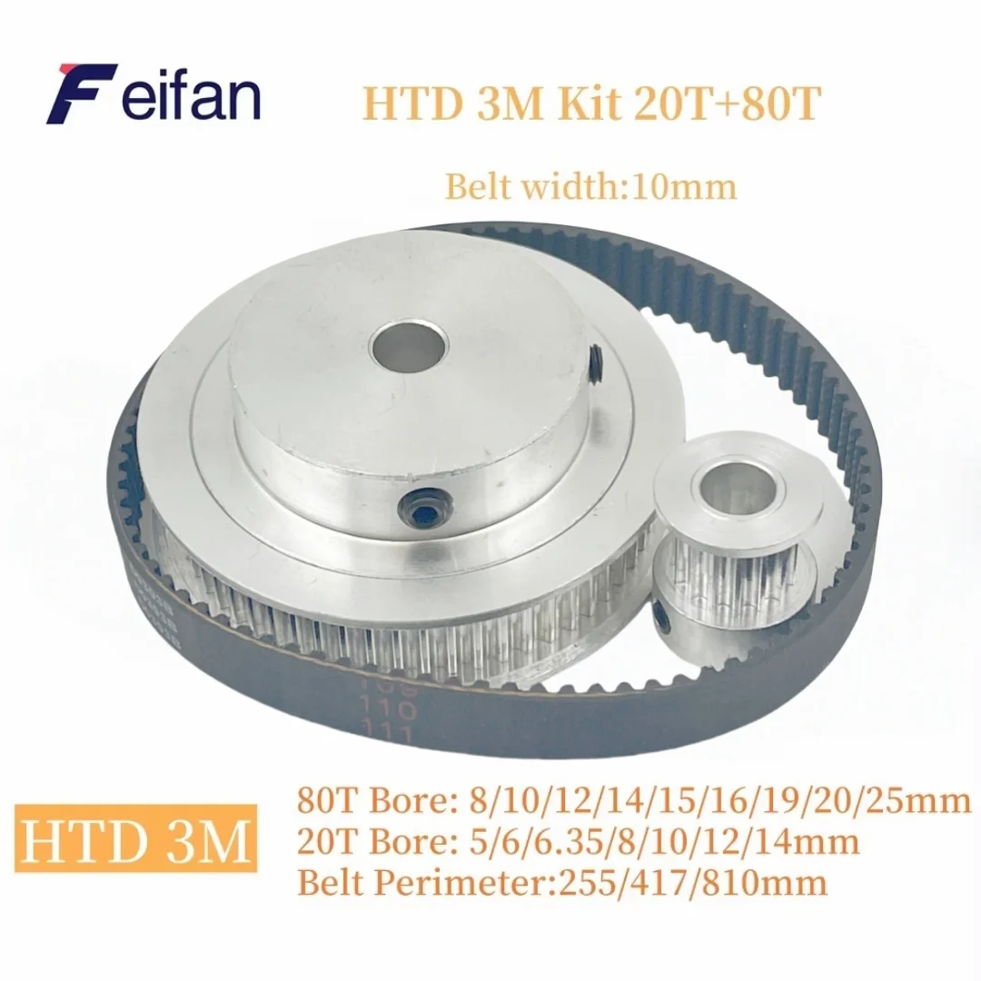 

80T 20T HTD 3M Pulley Set For 4:1 Belt Width 10mm Belt Pulleys 3M Synchronous Wheels Kit HTD3M Timing Pulley Set 20Teeth 80Teeth
