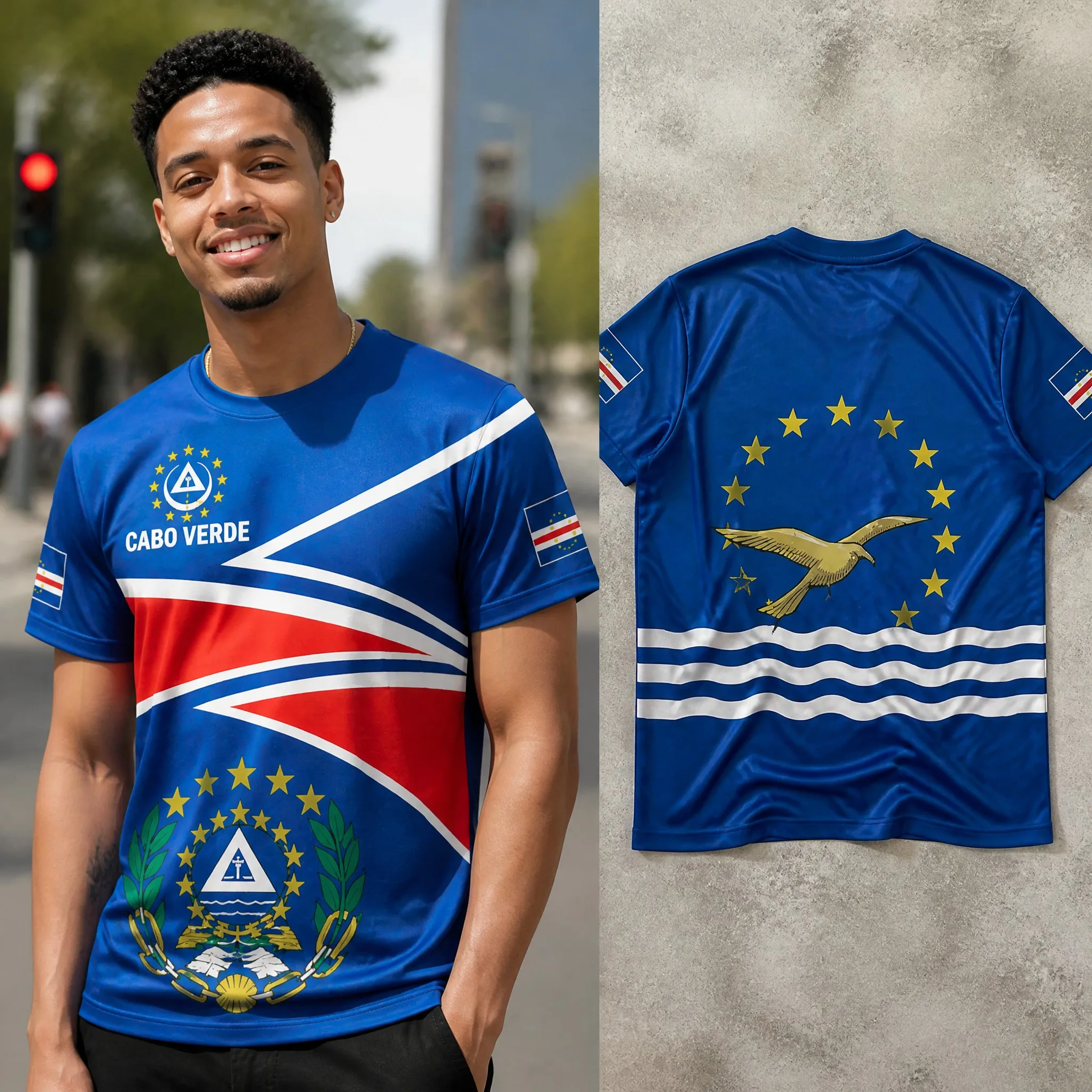 Mens Cabo Verde Crew Neck T Shirt Blue Bird Print Short Sleeve Casual Top Coastal Style Graphic Front Back Streetwear Daily Wear
