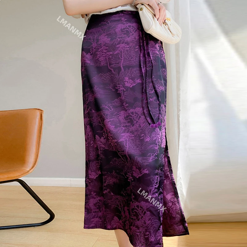 Chinese Style Summer Vintage Women Maxi Skirt Side Slit Satin Skirts Cheongsam Jacquard Weave Bodycon Long Skirt Streetwear