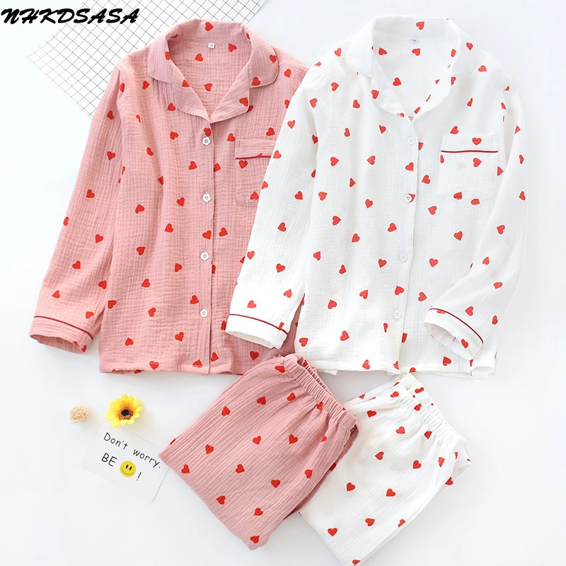 Spring New Ladies Pajamas Set Heart Printed Crepe Cotton Double-layer Gauze Turn-down Collar Long-sleeve Trousers Household Wear