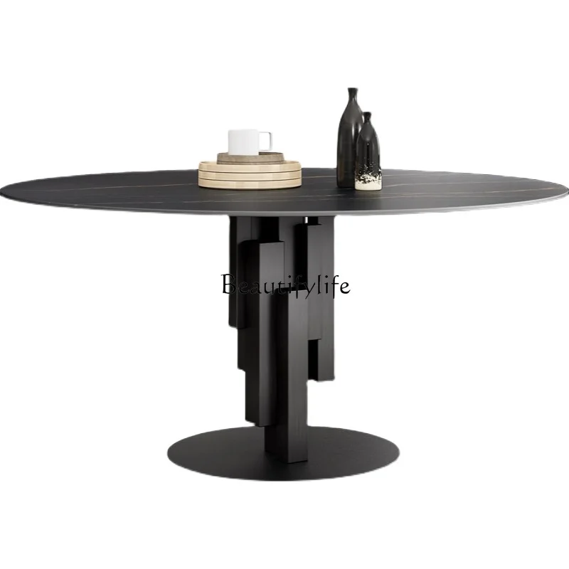 

Italian light luxury rock slab dining table modern simple household medium and small apartment round table with turntable round
