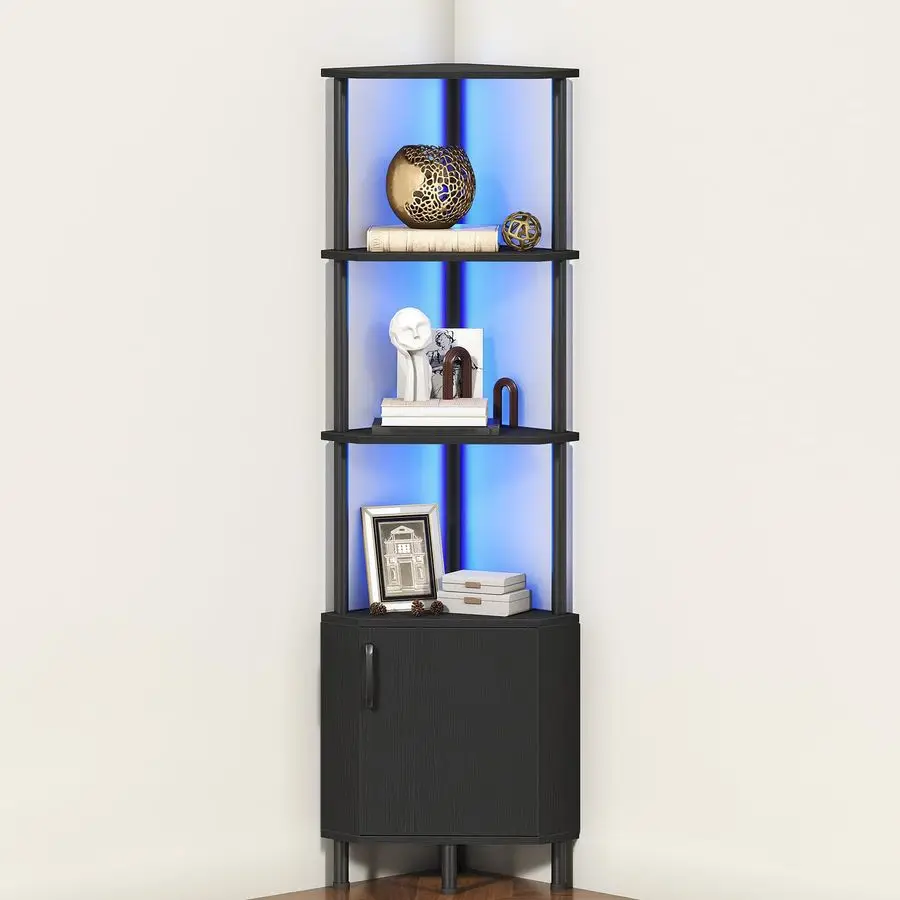 

Corner Cabinet with LED Light, Corner Shelf Stand with Storage and Doors, 5Tier Industrial Corner Bookshelf, 59 u201d Tall Disp