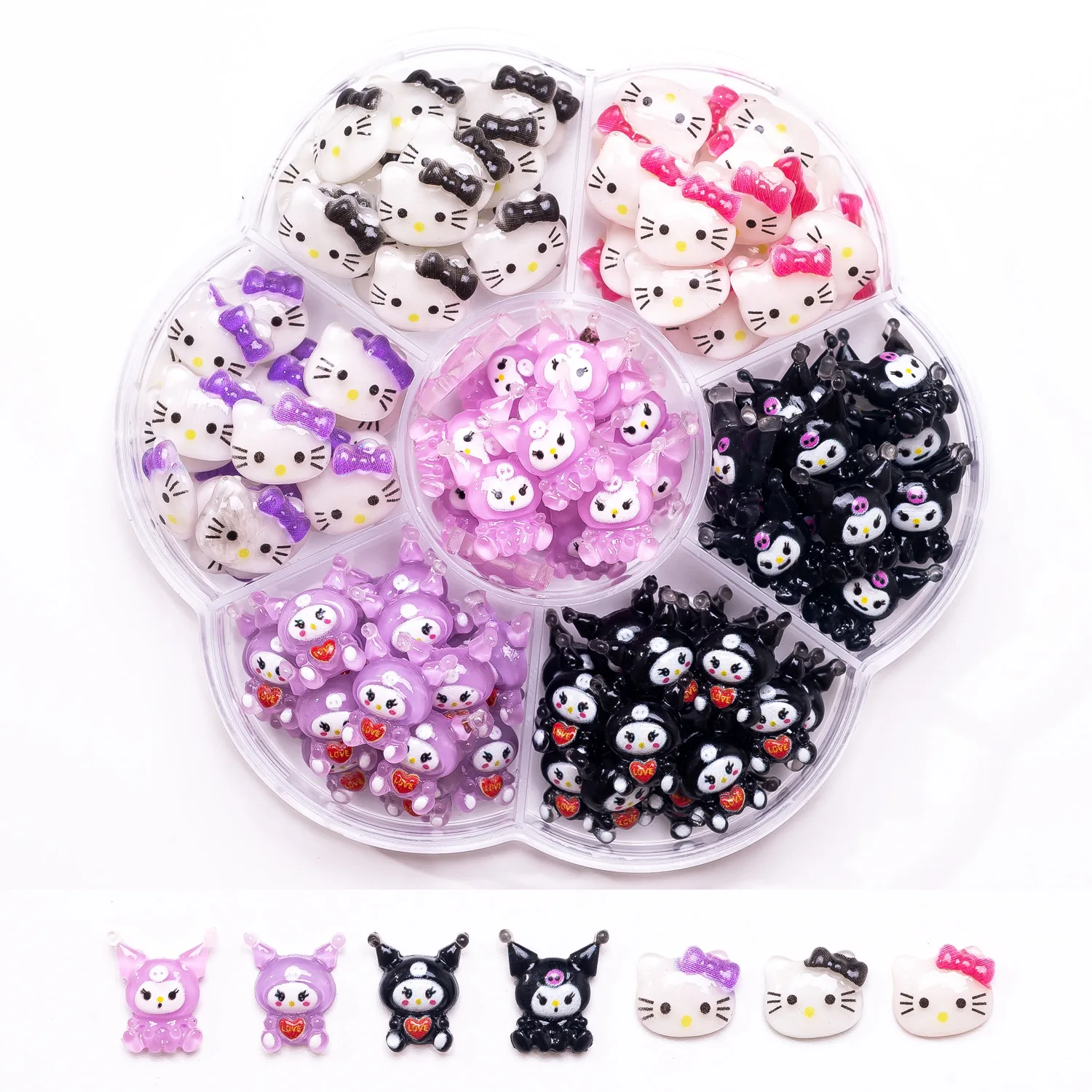 70pcs Kawaii MINISO Kuromi Hellokitty Nail Charms Mixed Sparkling Flatback Resin Y2K Nail Parts Black /Pink Cartoon Nail Decor