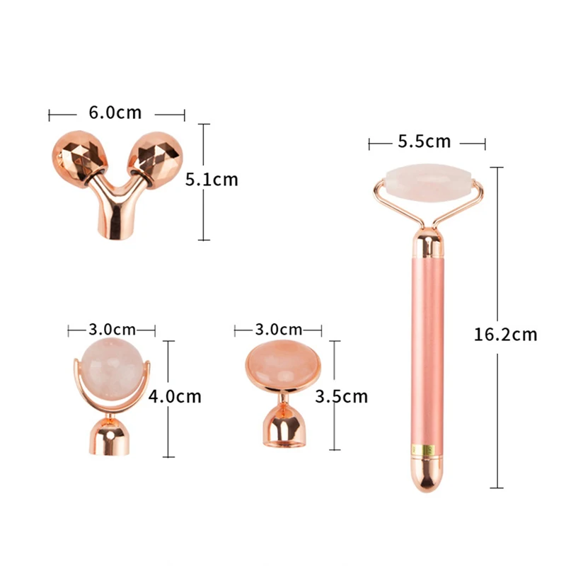 24k ouro 4-in-head massageador facial elétrico vibratório quartzo rosa 3d massageador rolo face lifting corpo facial gua sha jade rolo