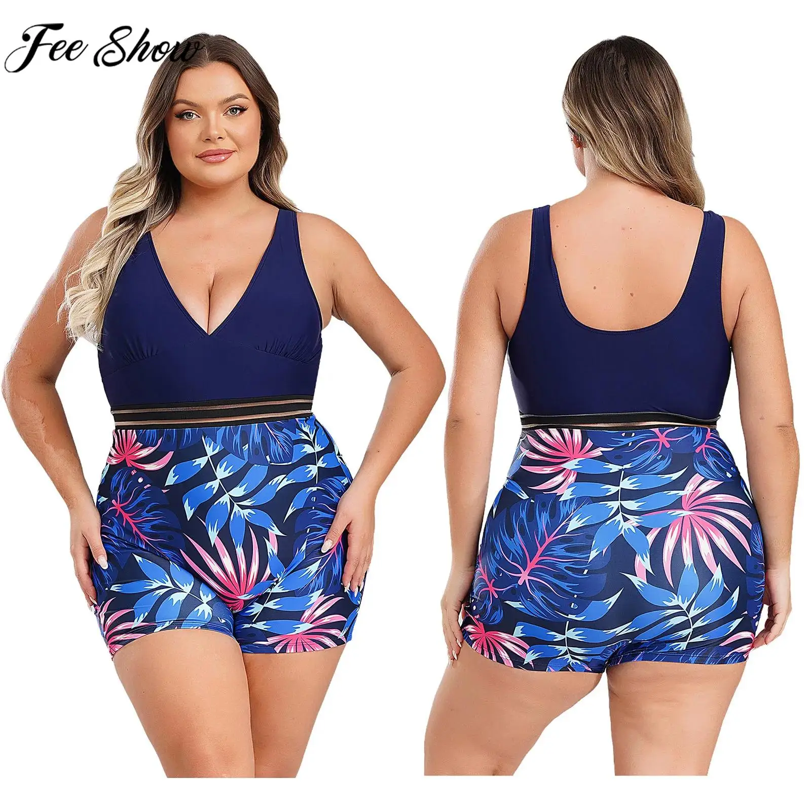 Women Tropical Print Plus Size Bodysuit Swimwear Sleeveless Deep V Neck Padded Swimsuit Pool Party Beach Surfing Bathing Suit