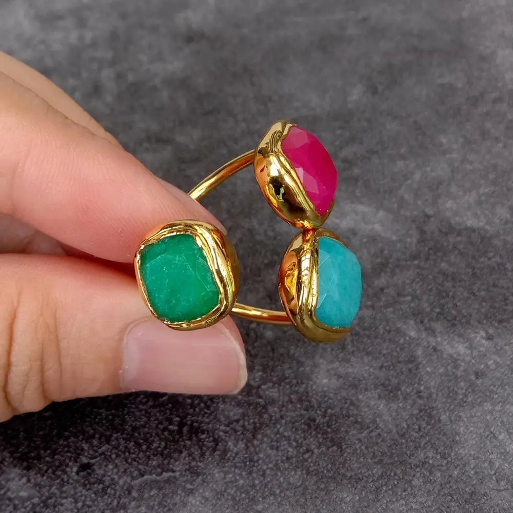 YYGEM 12mm Green Blue Red Jade Gold Plated Adjustable Ring Handmade Jewelry