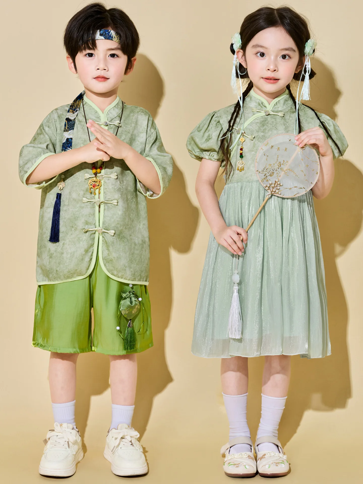 Girls Summer Tang Cheongsam Chinese Style Qipao Cute Sweet Traditional Chinese Green Dress Hanfu Tops