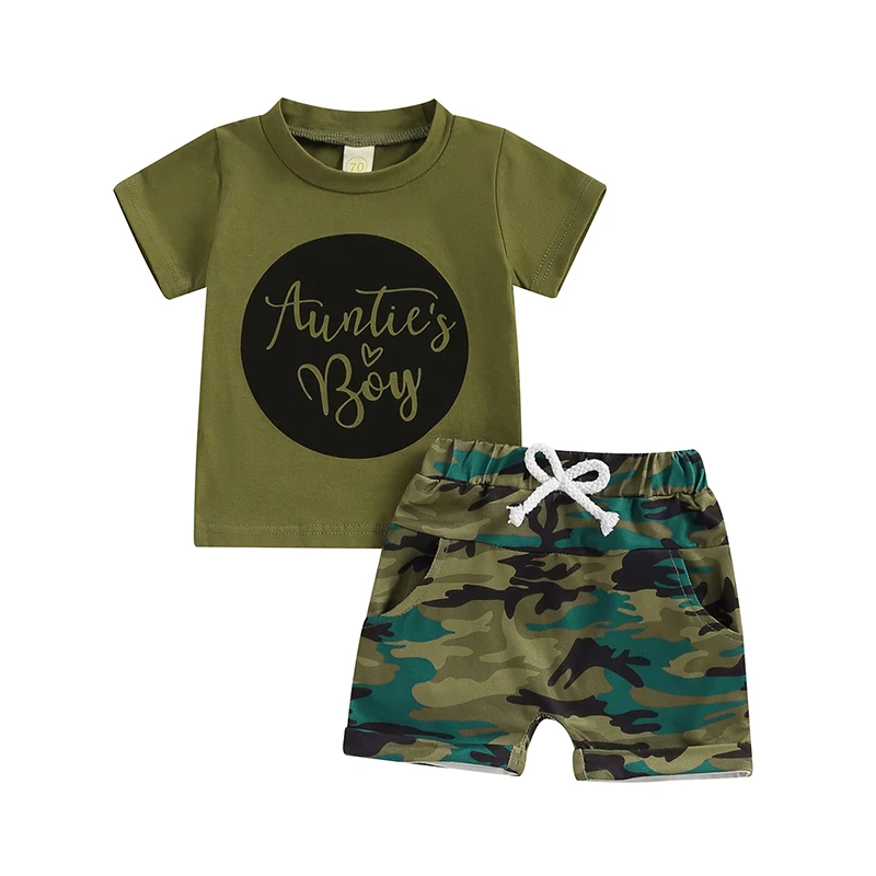 

Toddler Boys Summer Shorts Sets Short Sleeve Letter Print Tops and Drawstring Camouflage Shorts Sets