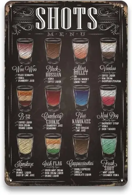 Vintage Bar Signs for Home Wall Decor - Shots Menu, Metal Beer Sign Bar, Man Cave, Coffee Station and Basement
