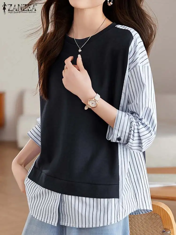 2024 ZANZEA Autumn Sweatshirts Women Fashion Long Sleeve OL Work Blouse Striped Patchwork Shirt Female O Neck Baggy Pullover