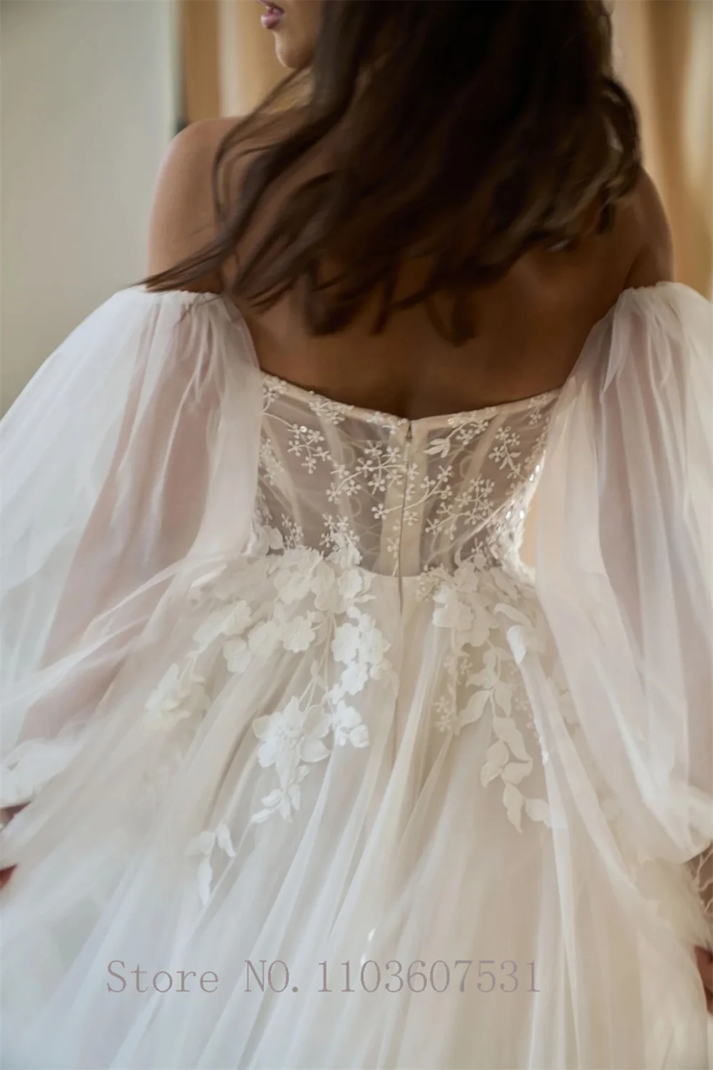 Vestido de novia de tul con apliques y hombros descubiertos para mujer, vestido de novia plisado, corte de línea a, ilusión, manga abullonada extraíble