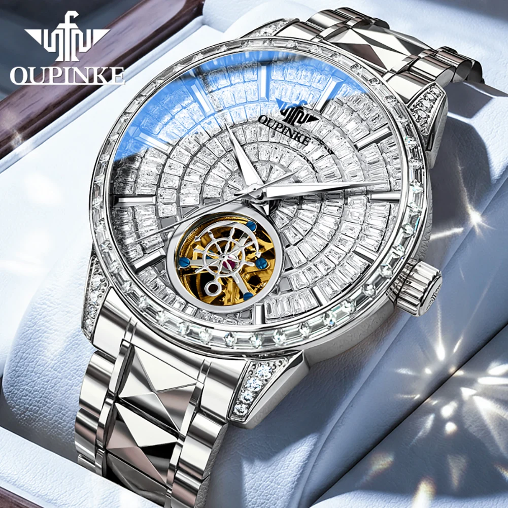 OUPINKE 3321 Luxury Brand Hollowed Flywheel Automatic Wristwatch for Men Full Diamond Tungsten Steel Mechanical Men's Watches