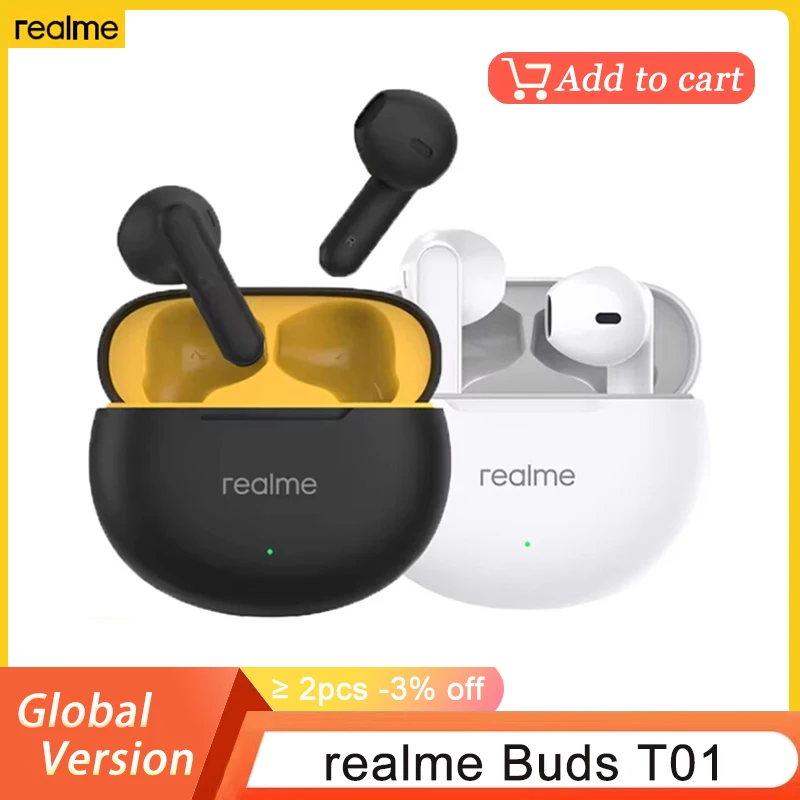 Global Version realme Buds T01 True Wireless Earphone AI Noise Cancelling TWS Bluetooth 5.4 Waterproof 28H Battery Life Headset