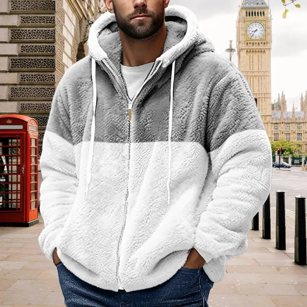 Men Winter Coat Thick Fleece Drawstring Hooded Colorblock Sweatshirt Windproof Heat Retention Cardigan Outdoor Travel Jacket