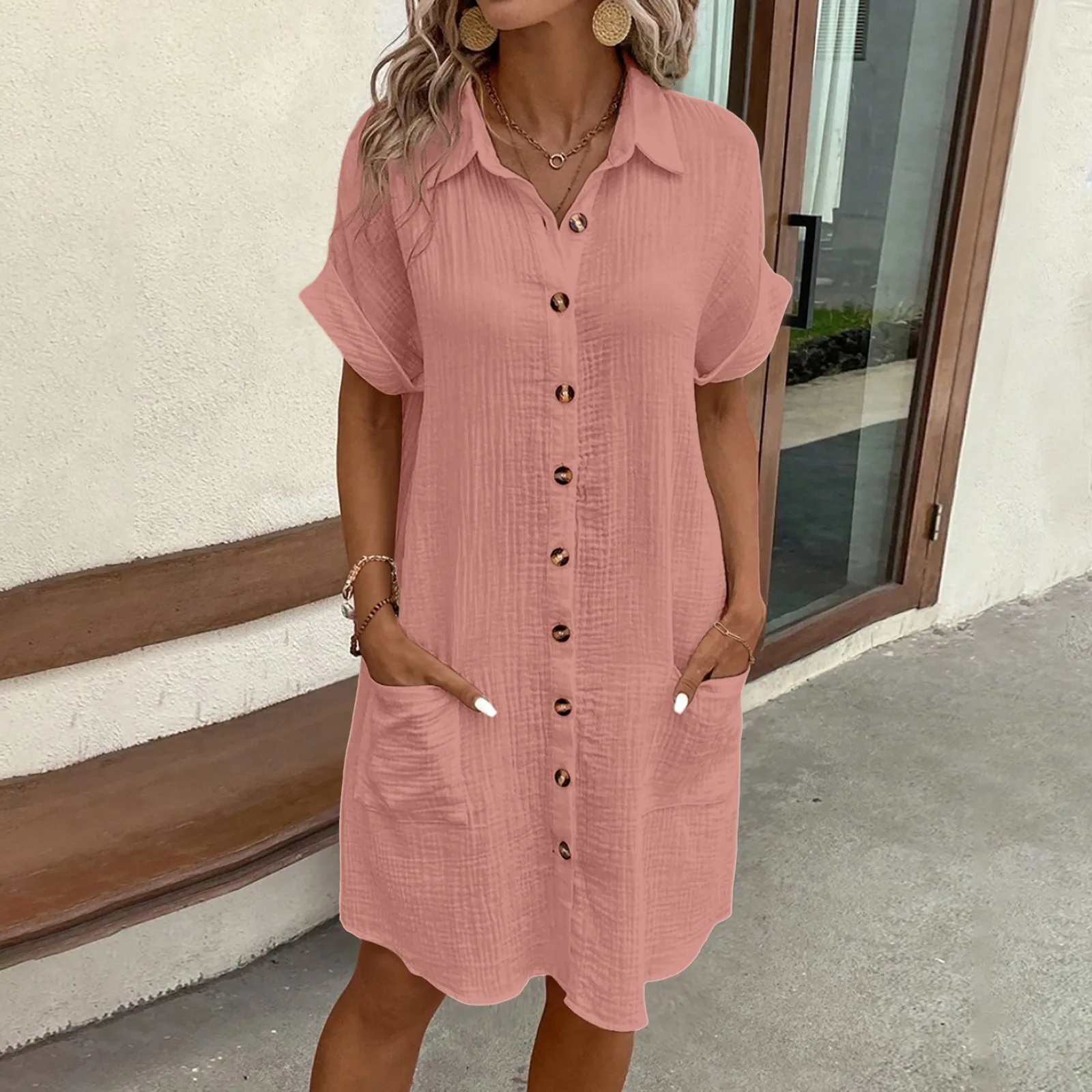 

Fashion Loose Dress For Women Single Breasted Raglan Sleeve Dresses With Pocket Women Summer Tunic Office Short Shirt Dress