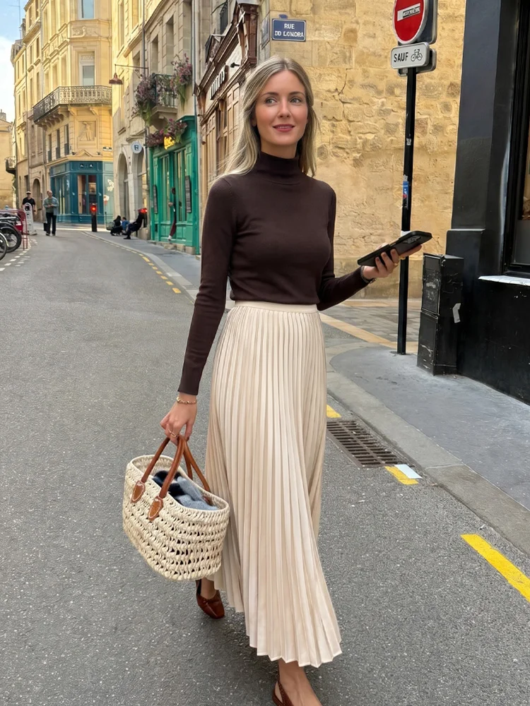HH Women Elegant High Waist Satin Pleated Skirt Fashion Beige A-Line Midi Skirt 2026 Summer Casual Street Wear Long Skirt