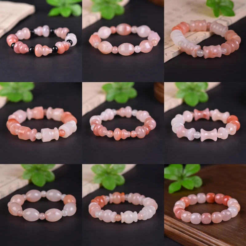 Peach Blossom Gourd Gold Thread Jade Joint Holder Bracelet Unisex Pink White Drum Bead Bra