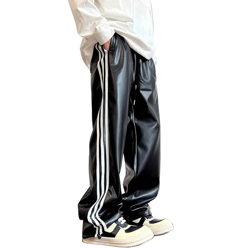 Side Stripe Leather Pant Men Women Streetwear Fashion Loose Casual Hip Hop Vintage Straight PU Leather Pants Cargo Trousers