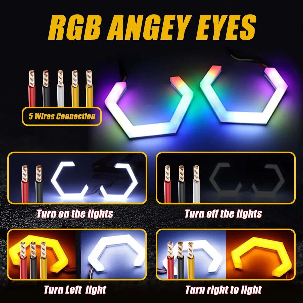 60mm 70mm 80mm 90mm RGB Hexagon LED Angel Eyes with Turn Signal Halo Rings Car Headlights Drl 12-24V for Motorcycle Offroad 4X4