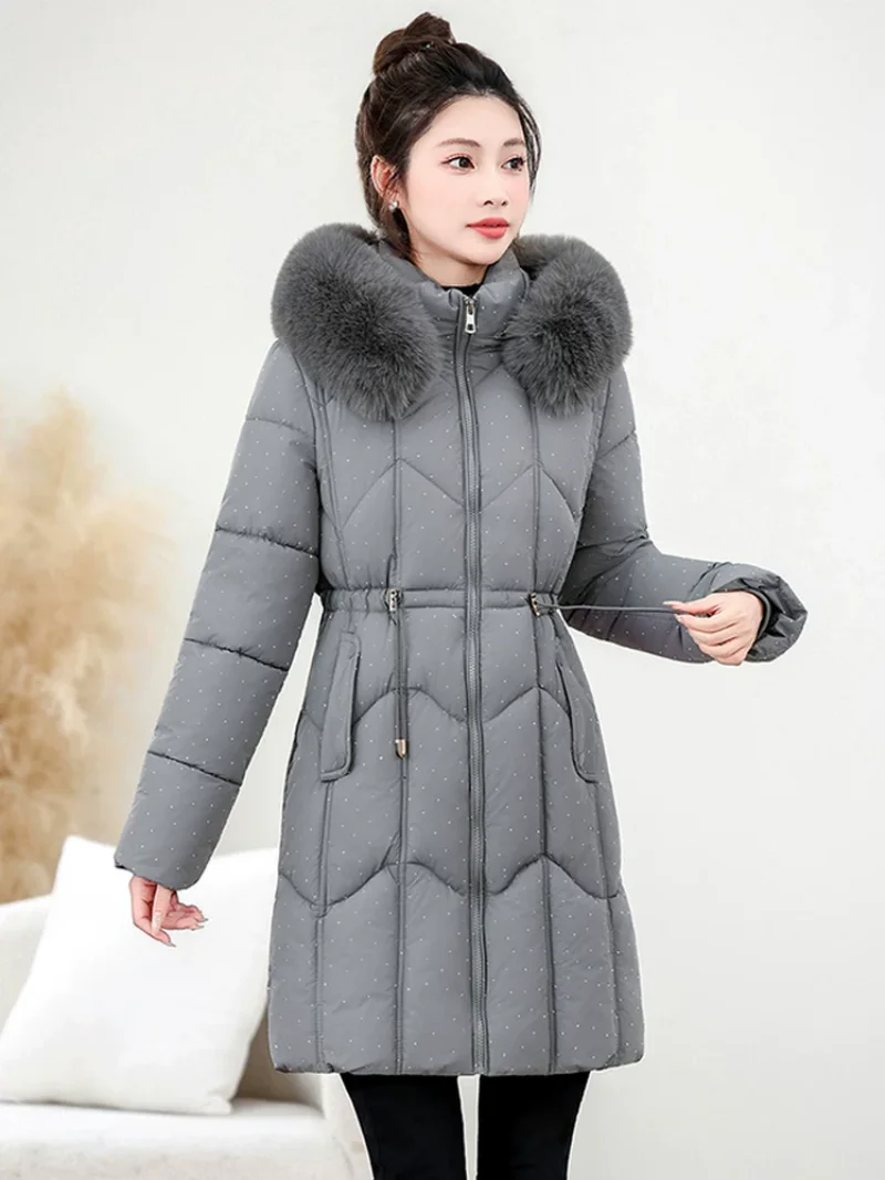 Women's Winter Fitted down Jacket Removable Hood Fashion Elegant Cotton Coat with Fur Collar New Style J1760