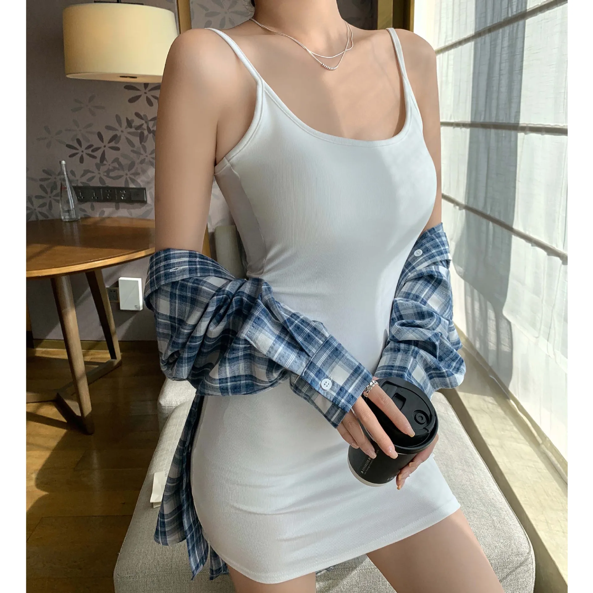 Women Square Neck Sleeveless Bodycon Dress with Chest Pad Knit Slim Fit Solid 3D Effect Commuter Sexy Hip Skirt