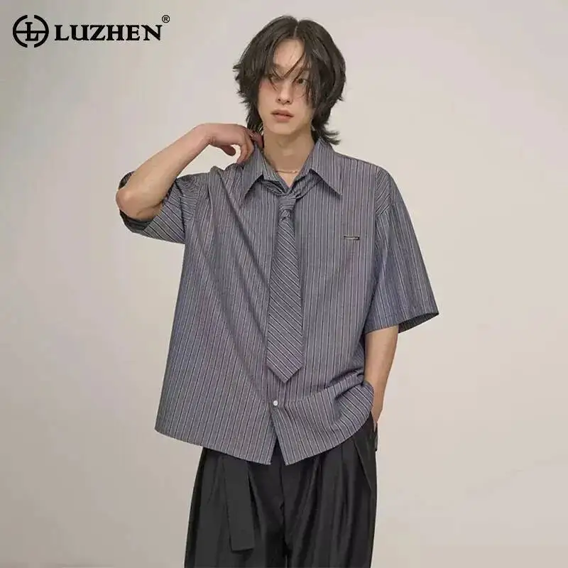 

LUZHEN 2026 Summer Stripe Printed Necktie Decorate Short Sleeve Shirt Men's Trendy Elegant Korean Style Loose Casual Tops JY6696