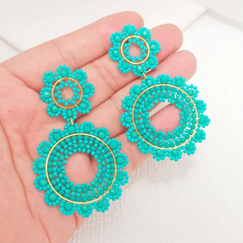 

2025 Handmade Bead Earring Crystal Circle Hollow Out Double-deck Originality Hand Knitting Bohemia Beaded Earrings for Women