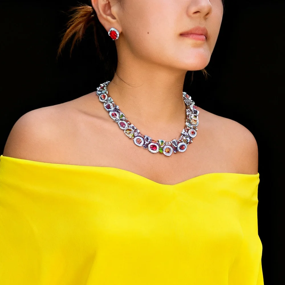 

Винтажное вечернее ожерелье для невесты, комплект серег для женщин, роскошные ювелирные изделия в стиле ретро с кубическим цирконием AAA, цвета, массивное колье с кристаллами, подарки