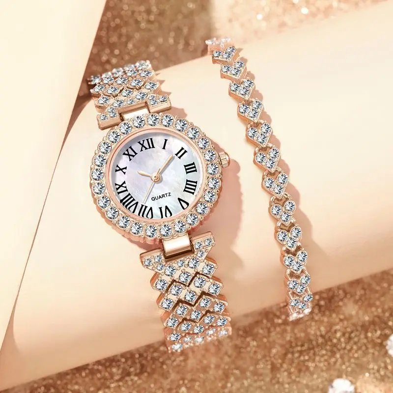 2PCS Women's Watch Fashion Rhinestone Ladies Analog Quartz Watches Bracelet Set Reloj Mujer Girls Clock Gift Relogio Feminino