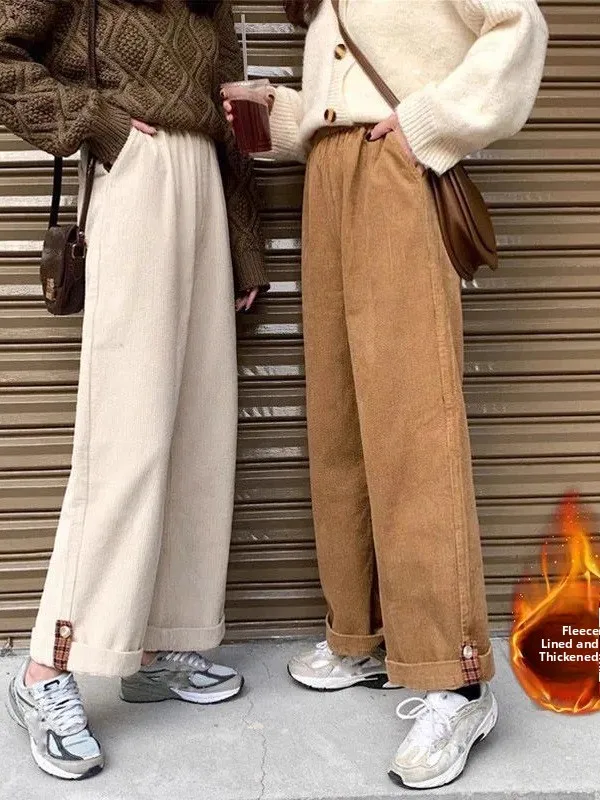 

plus Size Women's Corduroy Thiened Casual Pants Winter New Sle Fce Lined Elastic Waist Straight Leg Wide Leg Pants