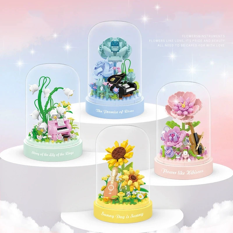 

Flower Musical Instrument Building Block Music Box Construction Brick Rose Piano Sunflower Guitar Hibiscus Violin Toys For Girls
