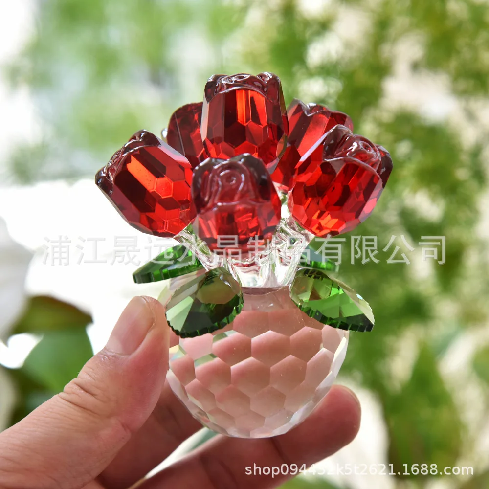 

WW high-end gift rose crystal potted plant home ornament red rose crystal handicraft ornament