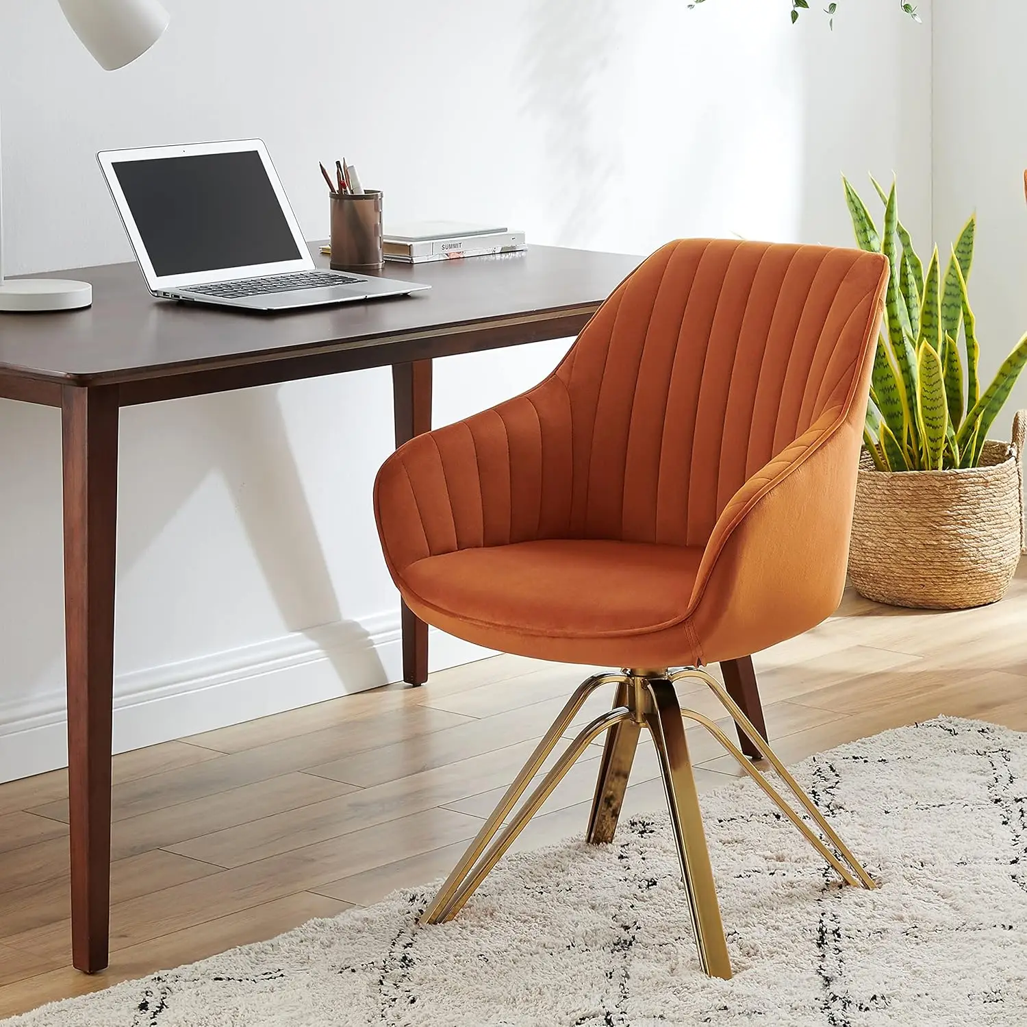 

Swivel Accent Chair, Mid Modern Swivel Desk Chair With Hollow Brushed Gold Plated Legs Office Chairs For Living Room, Dining