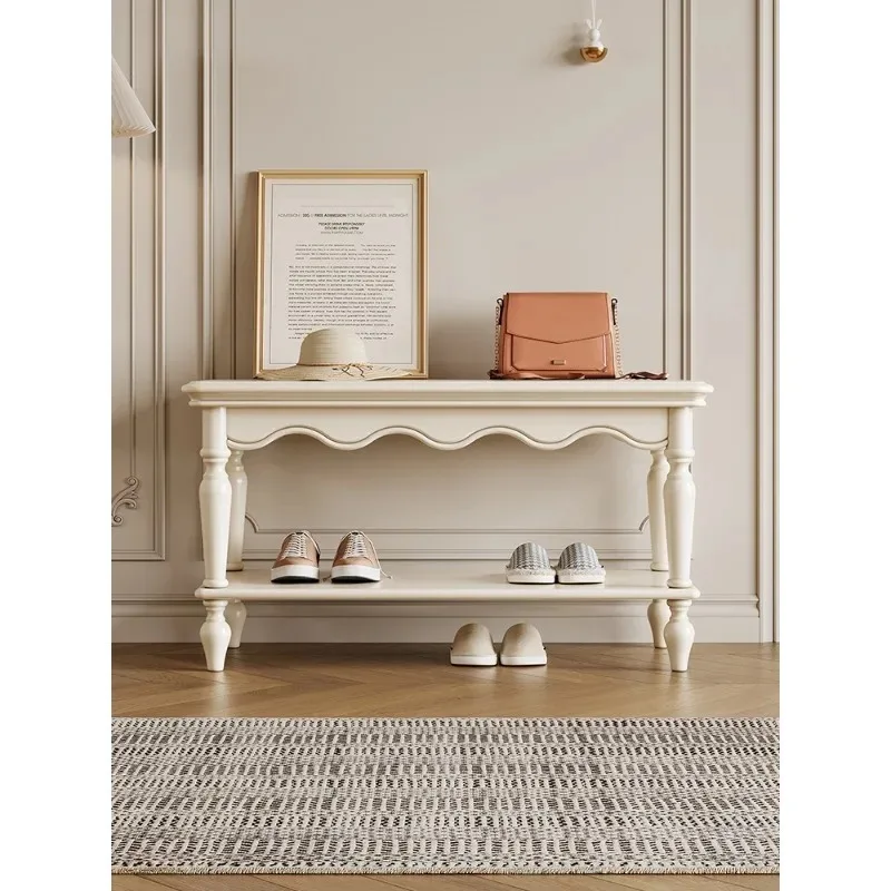 cream style solid wood shoe change stool European style Exquisite frame door entry bench for living room Wave pattern