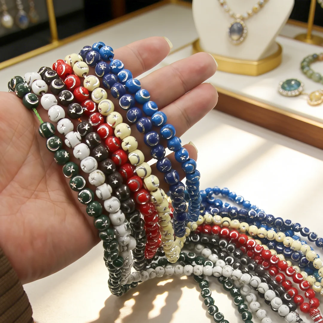 Resin moon-star beads, 8mm round bead prayer beads, 99 pieces, imitation moon-star texture portable hand-held play beads