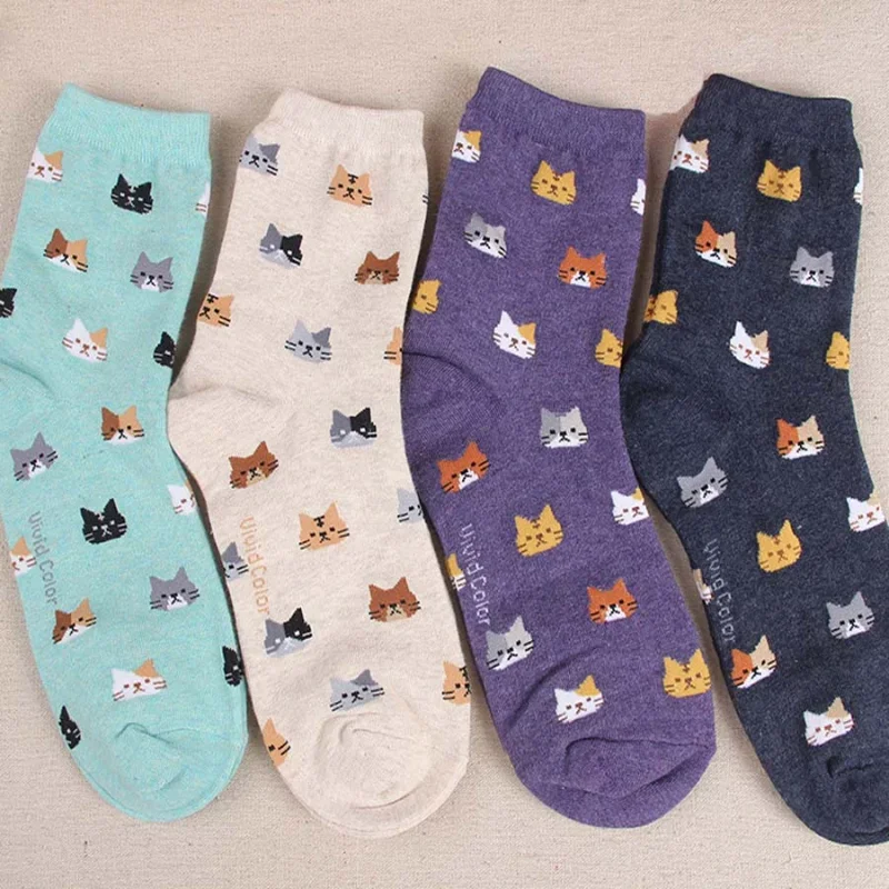 Calcetines largos con estampado de gato multicolor para mujer, medias largas Kawaii, ropa de calle informal Harajuku, de algodón suave, estilo japonés, 1 par