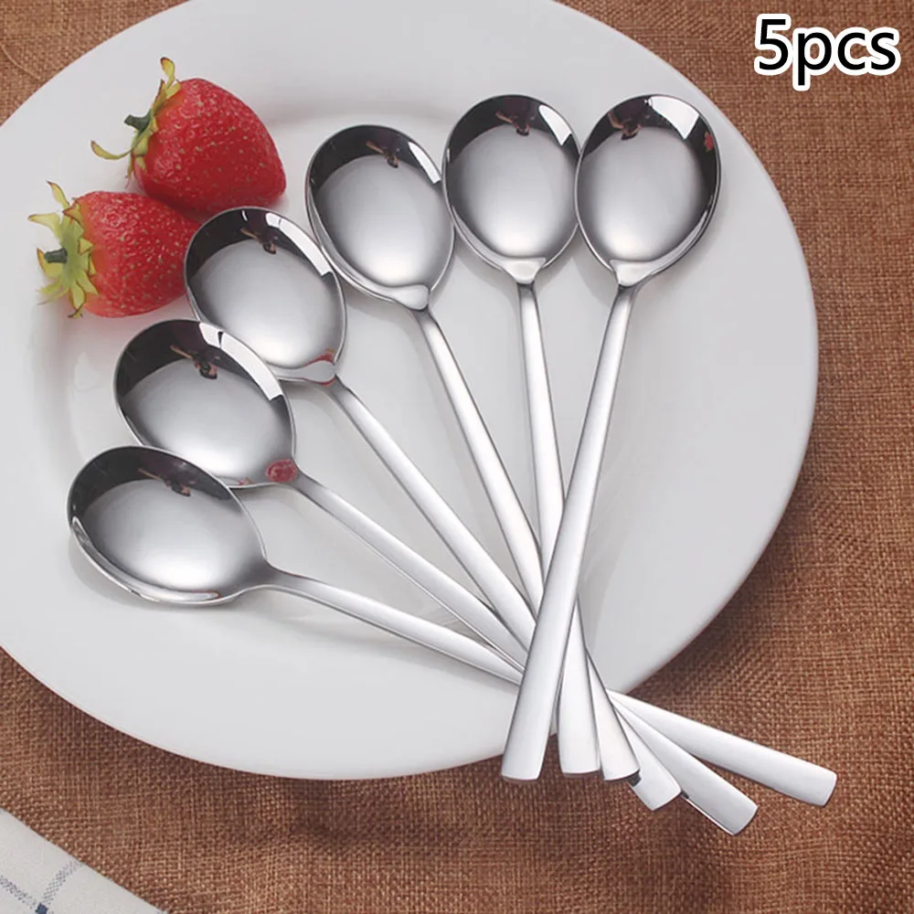 

5PCS Stainless Steel Spoon Household Tableware Long Handle Soup Spoon Korean Style Spoon Kitchen Ladle Round Head Spoon