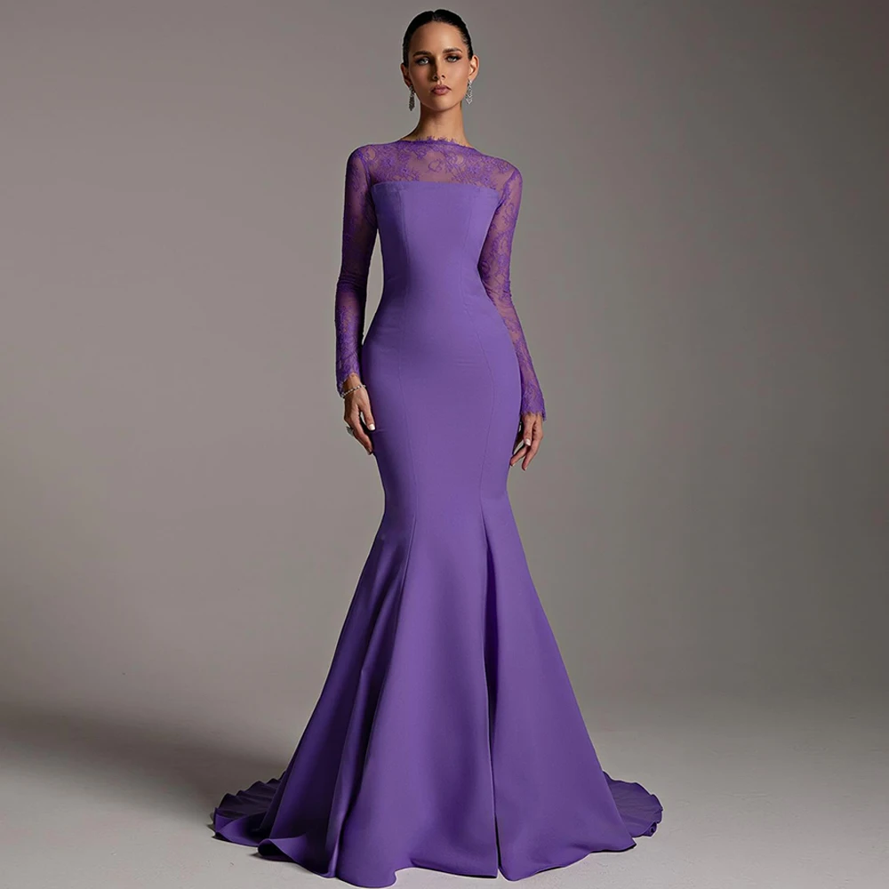 

Purple Lace and Jersey Evening Dress Mermaid Customized Long Sleeves Homecoming Dress Elegant Court Train Special Occasion Gowns